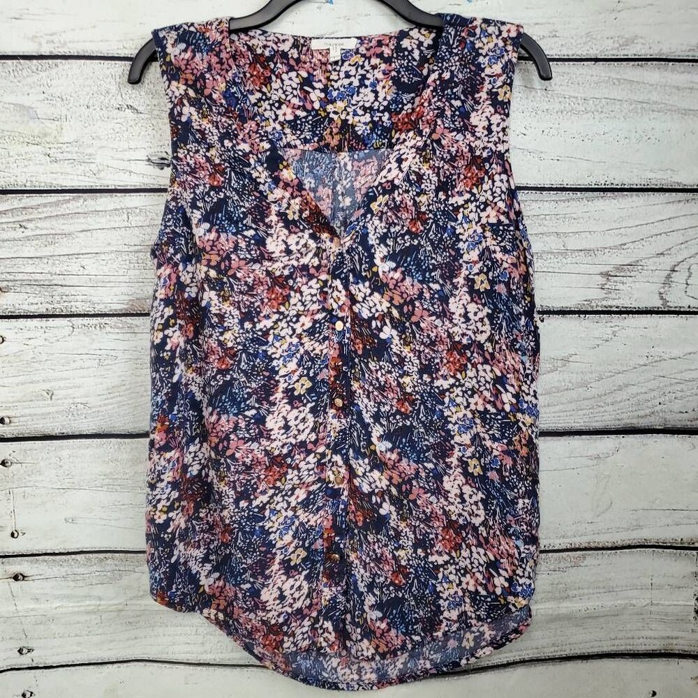 Maurices Large Blue Floral Button Front Sleeveless Blouse